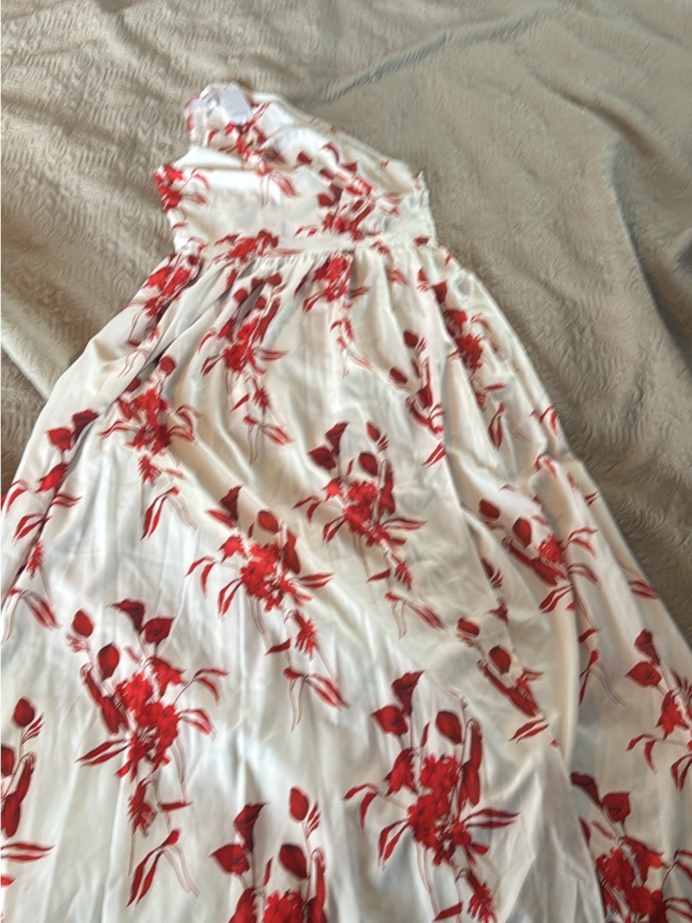 Girls White Dress with Red Floral Print - Formal Occasion